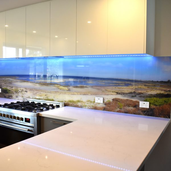 printed glass splashback with coastal image