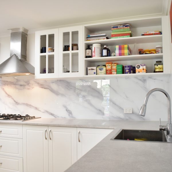 Other angle of marble look glass splashback